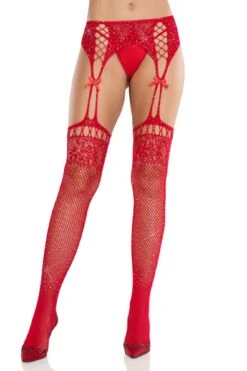Rhinestone Thigh High Set(Rhinestone Thigh High Set) -Serpent Lane BlackRhinestoneLaceTopFishnetStockingsRed