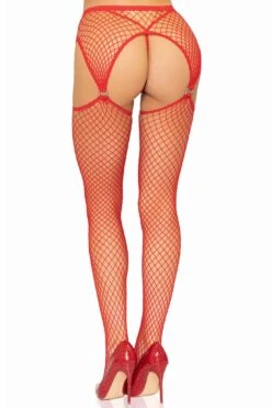 Net Stockings + Garter Belt(Net Stockings Garter Belt) -Serpent Lane IndustrialNetStockingWithO RingandAttachedGarterBeltRed
