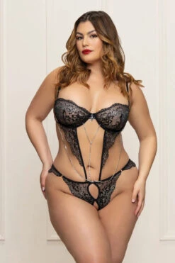 Celeste Teddy(Celeste Teddy) -Serpent Lane LaceRhinestoneOpenCrotchTeddyBlackPlusSize