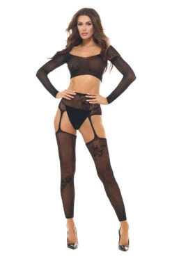 Crop Top Body Stocking(Crop Top Body Stocking) -Serpent Lane LongSleeveTopandGarterBodystockingBlack