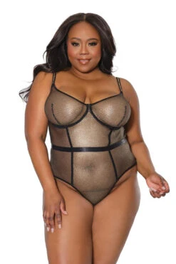 Metallic Teddy(Metallic Teddy) -Serpent Lane MetallicFishnetTeddyw UnderwireCupsBlack GoldPlusSizeQueen