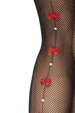 LEG AVENUE Red Ribbon Thigh Highs(Red Ribbon Thigh Highs) -Serpent Lane fishnet thigh highs with red heart seam
