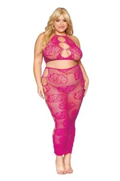 Electric Body Stocking Set(Electric Body Stocking Set) -Serpent Lane plus size seamless bralette and long skirt set with knitted large rose and fishnet pattern bralette set 1