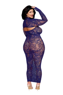 Plus Size Midnight Bodystocking Dress(Plus Size Midnight Bodystocking Dress) 4 Plus Size Midnight Bodystocking Dress(Plus Size Midnight Bodystocking Dress) -Serpent Lane plussizebluelacegownbodystockingwithshrug